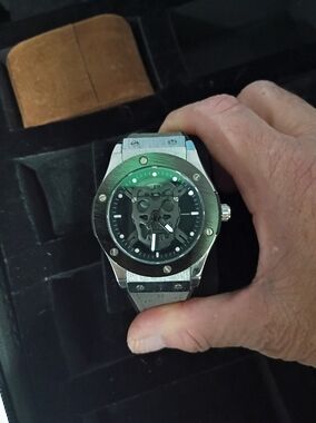 Stainless Steel Skeleton Dial Watch - Black & Silver